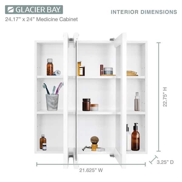 Glacier Bay 24 in. Tri-View Bathroom Medicine Cabinet Mirror White Surface Mount