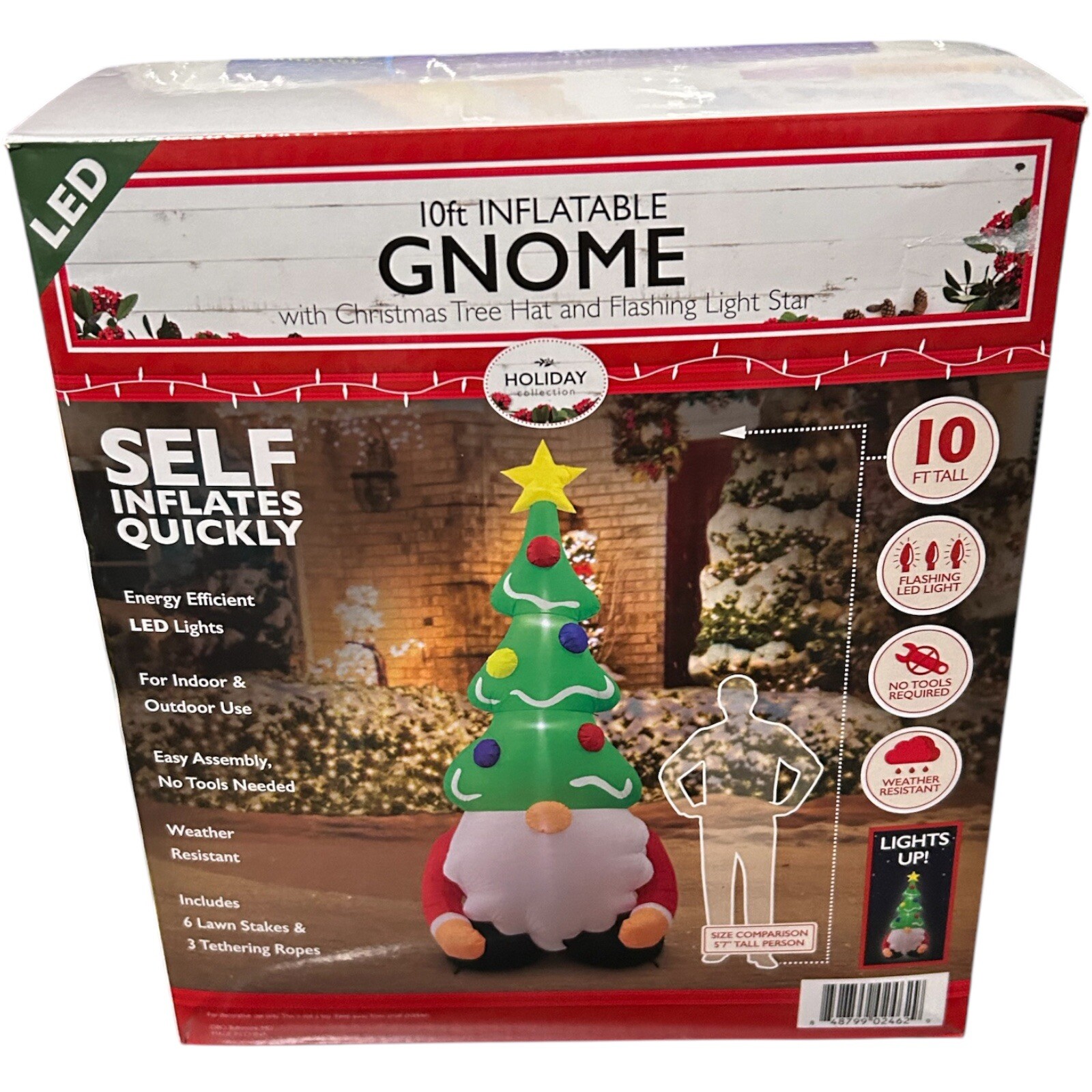 10 ft Christmas Inflatable Gnome W/ Christmas Tree Hat And Flashing Light Star