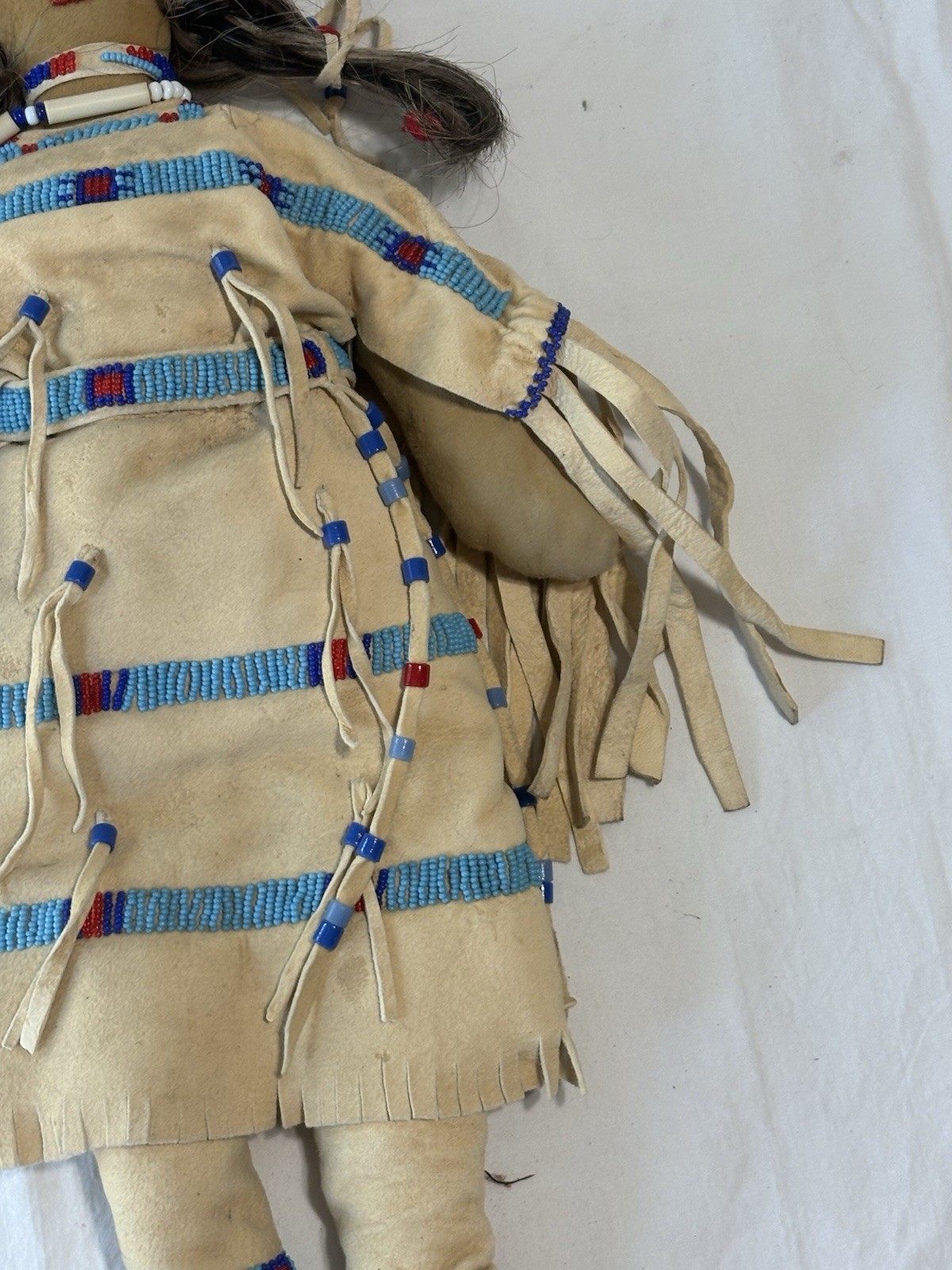 Vintage Native American Handmade Buckskin Beaded Doll 16"” Real Hair