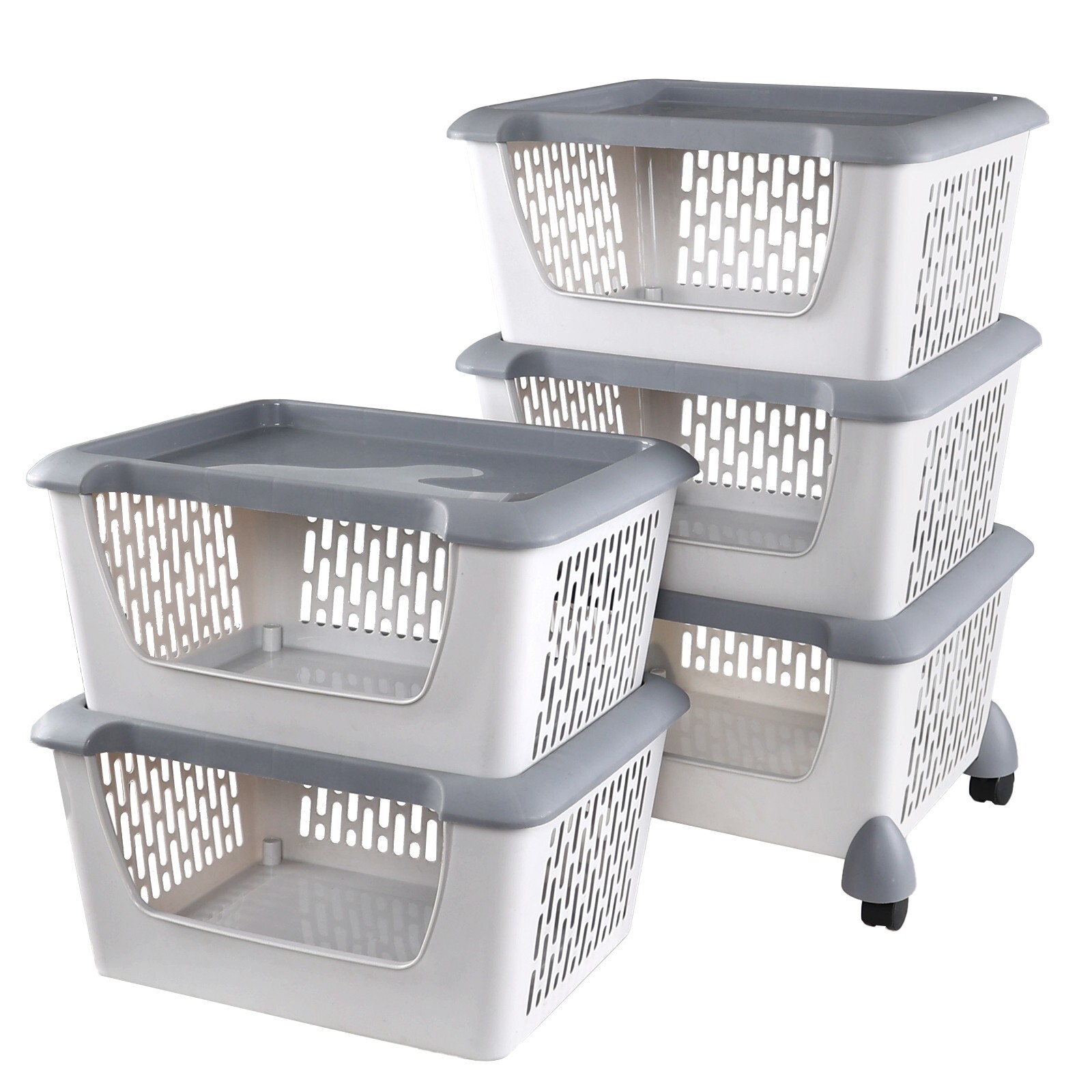 Idotry 5pcs Plastic Stackable Storage Bins - Gray Large Storage Basket w/ Wheels