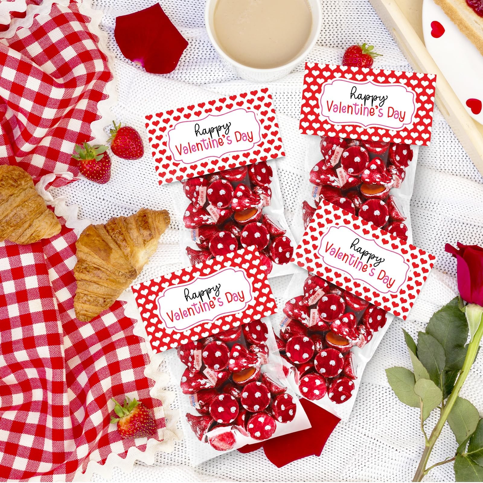 60 Set Valentine's Day Self-Adhesive Goodie Bags Candy Cello Bag with Topper Red