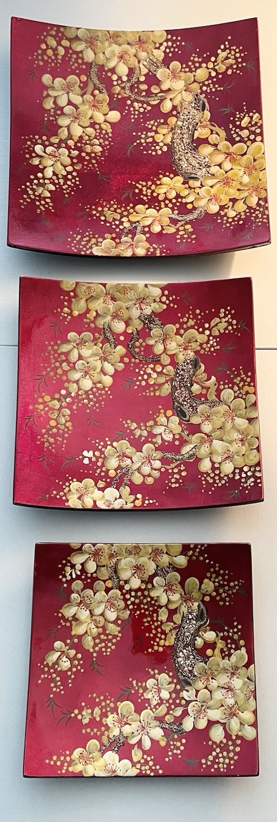 Japanese Lacquer Wall Plaques Cherry Blossoms Red Foil Set of 3