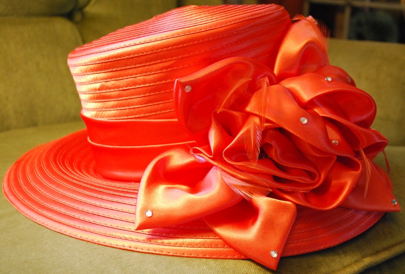 Vintage SOPHIA COLLECTION Ladies ORANGE Church Hat w Rhinestones & Feathers