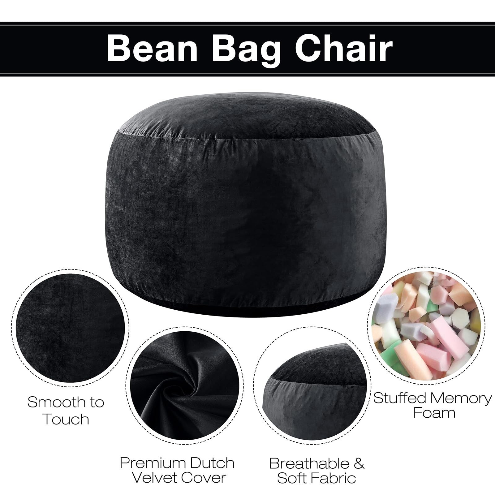 EDUJIN 3 ft Bean Bag Chair: 3' Memory Foam Bean Bag Chairs for Adults/Teens w...