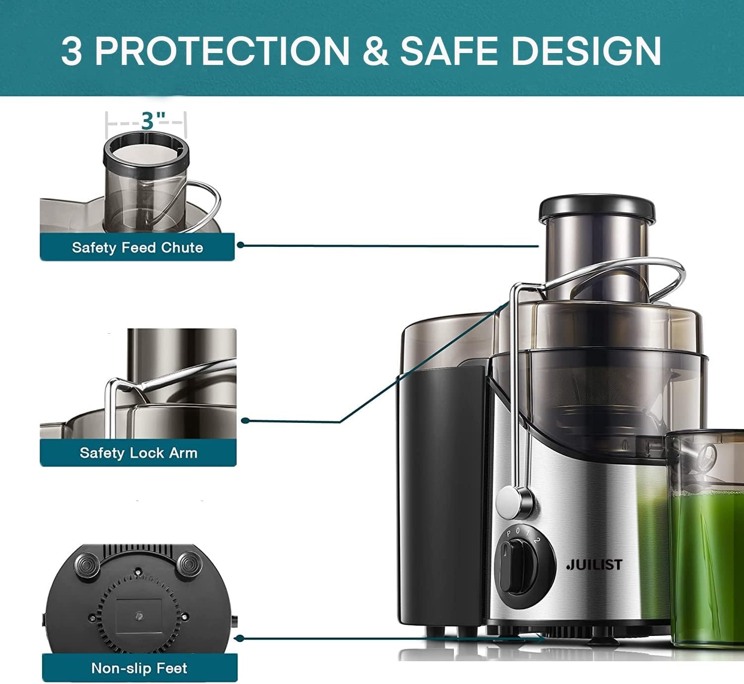 Juilist 800W Juicer 3" Wide Mouth 3-Speed Veg & Fruit Easy Clean