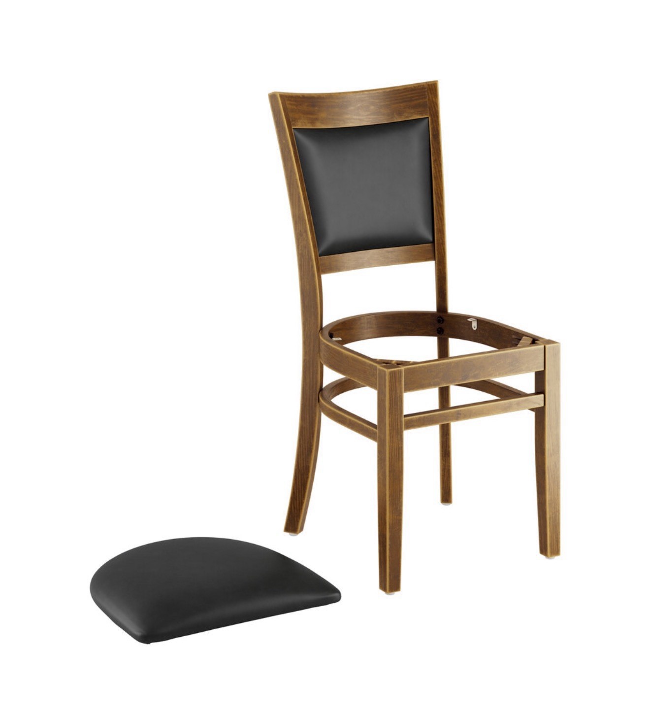 Solid Back Vintage Wood Restaurant Chair with Black Vinyl Seat & Backrest