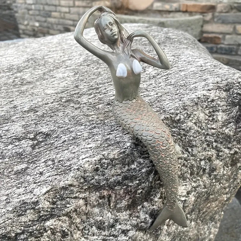 NEW 8" Vintage Silver Style Shelltop Mermaid Sits Resin Figurine Sculpture 8x2.4