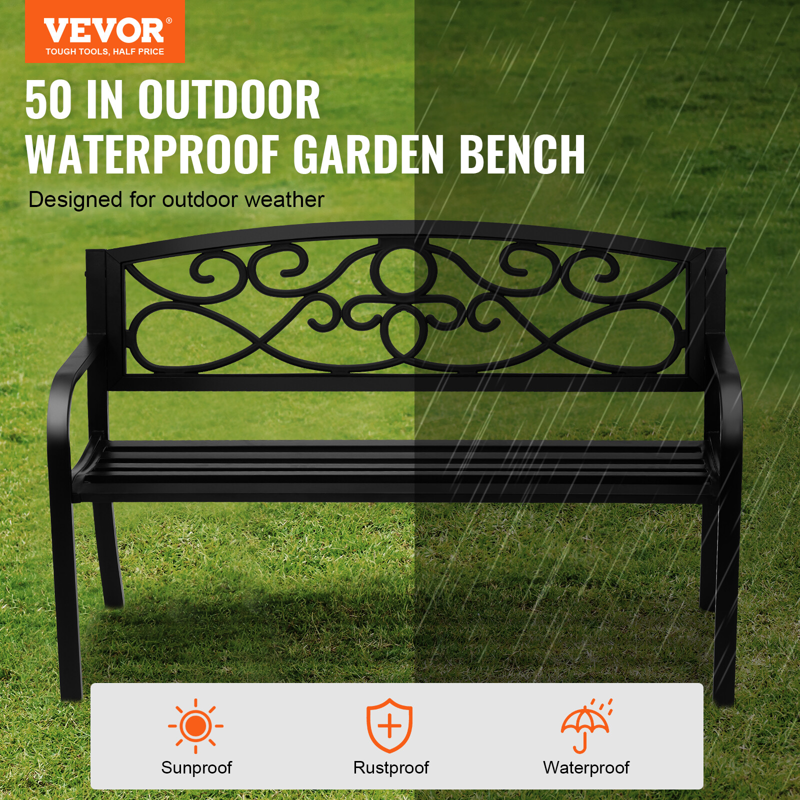 VEVOR Outdoor Bench 50 in Metal Garden Bench 550 lbs Park Patio Yard Porch Bench
