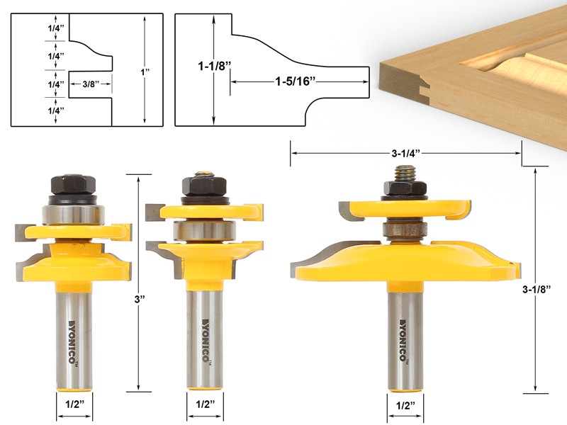 Ogee 3 Bit Cabinet Door Router Bit Set - 1/2" Shank - Yonico 12345