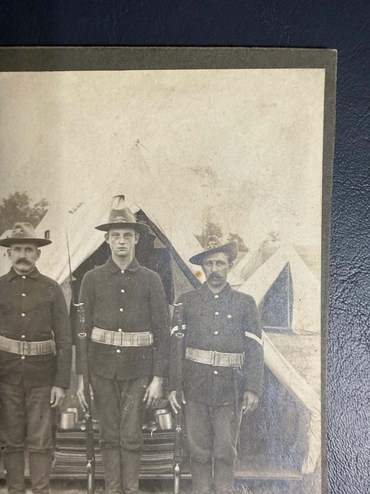 Antique Photo WWI Era US Military Soldiers Campaign Hats Tent Camp USMC Rifle