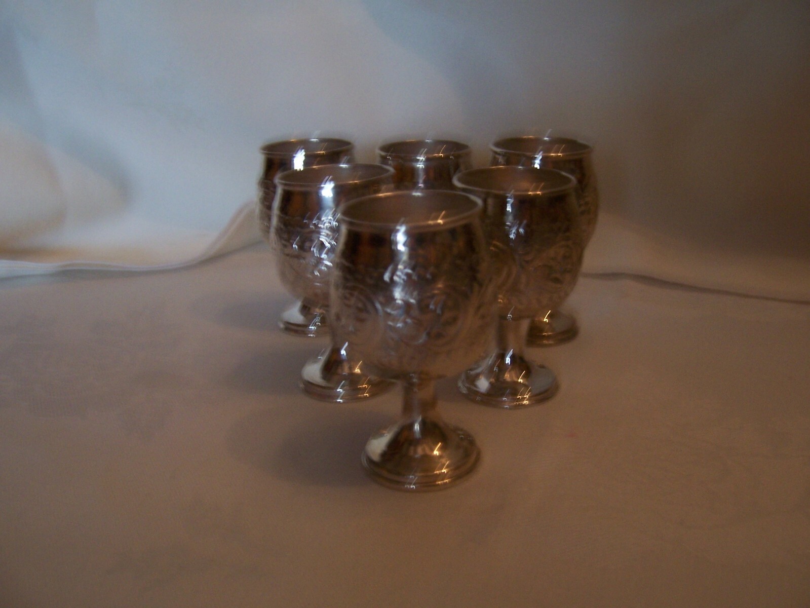 6 EAST INDIAN SOLID SILVER LIQUER APERTIF CHASED DELICATE GLASSES