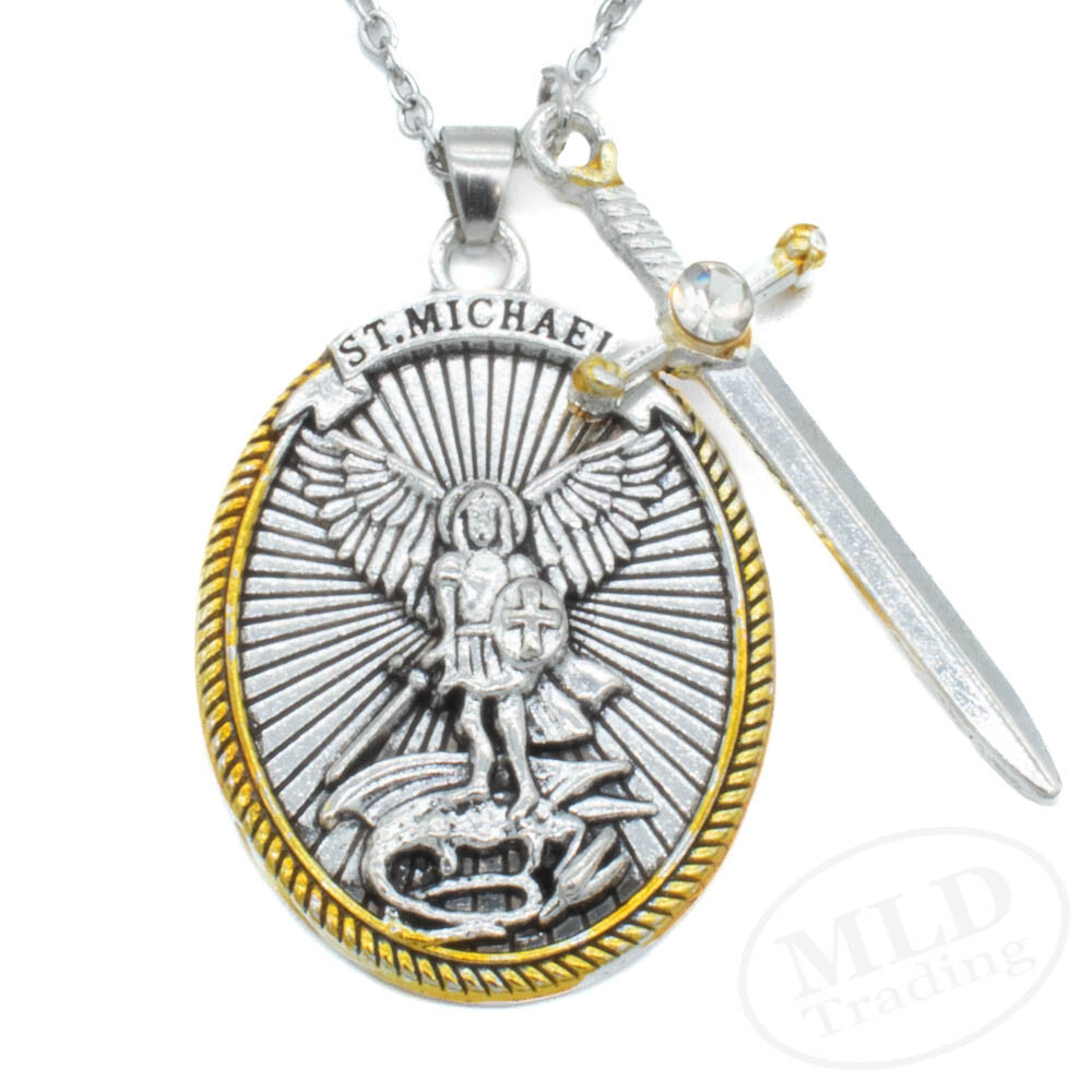Saint St Michael Pendant Necklace, Oval Silver-Gold, Sword Charm, Ephesians 6:10