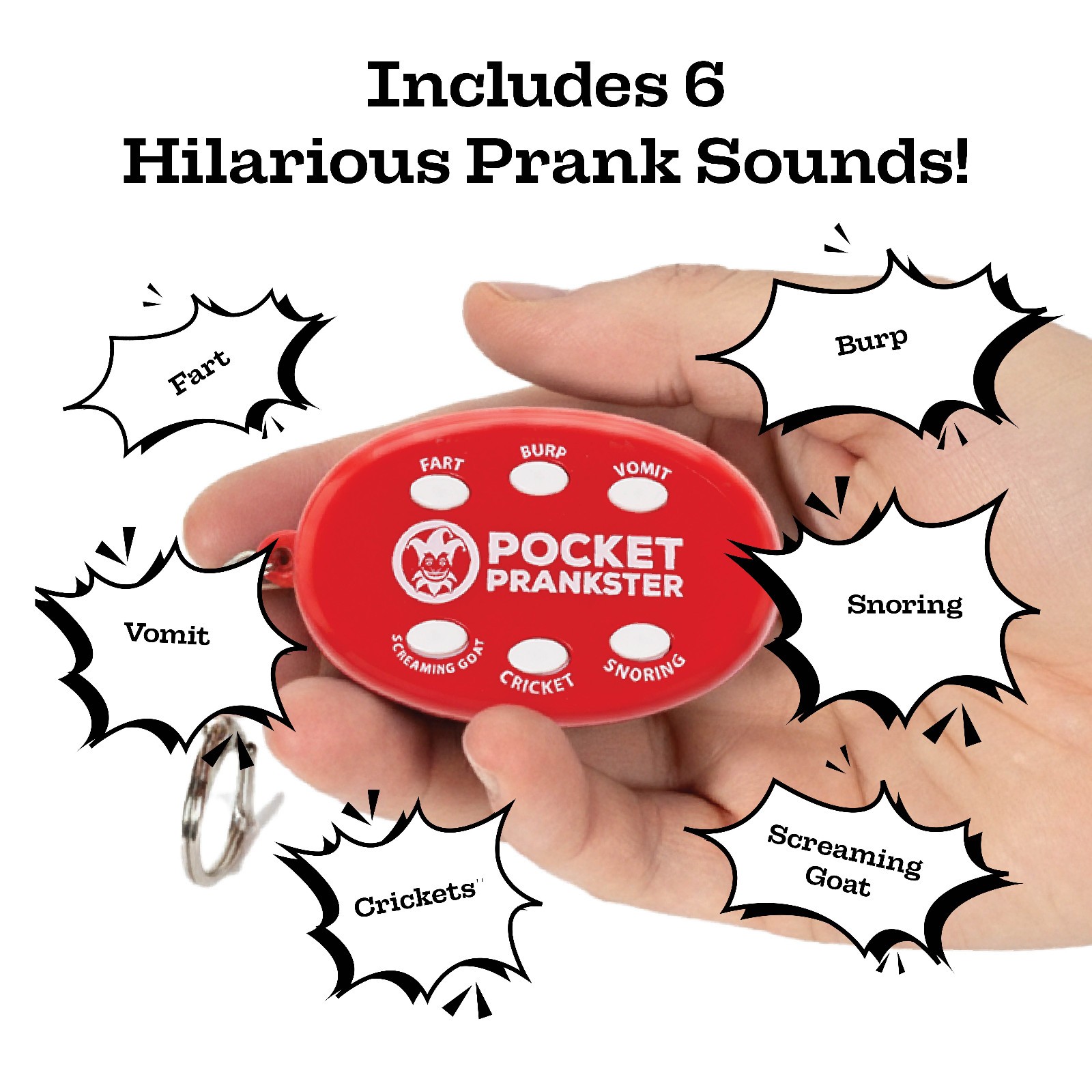 Pocket Prankster Sound Keychain with Fart, Burp, Vomit, Screaming Goat, Cricket,