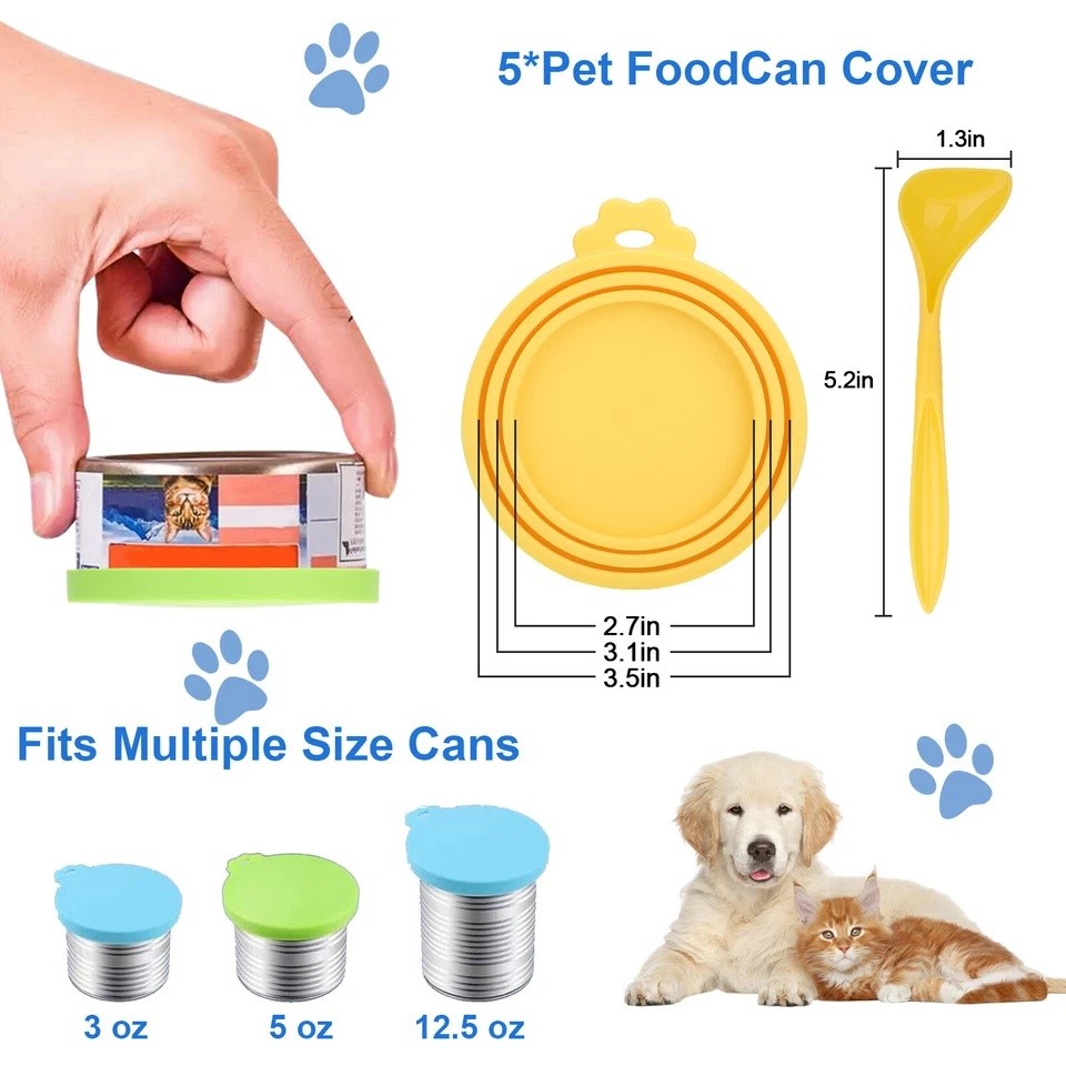 5x Safe Silicone Pet Food Can Cover Universal Reusable Can Lids 5 Spoon BPA Free