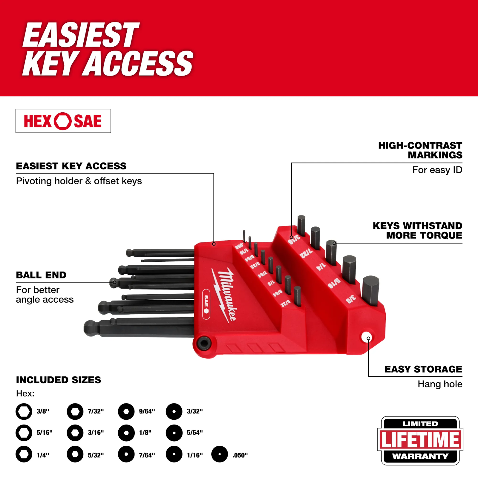 Milwaukee 48-22-2185 13 Piece SAE Ball End L Style Hex Key Set