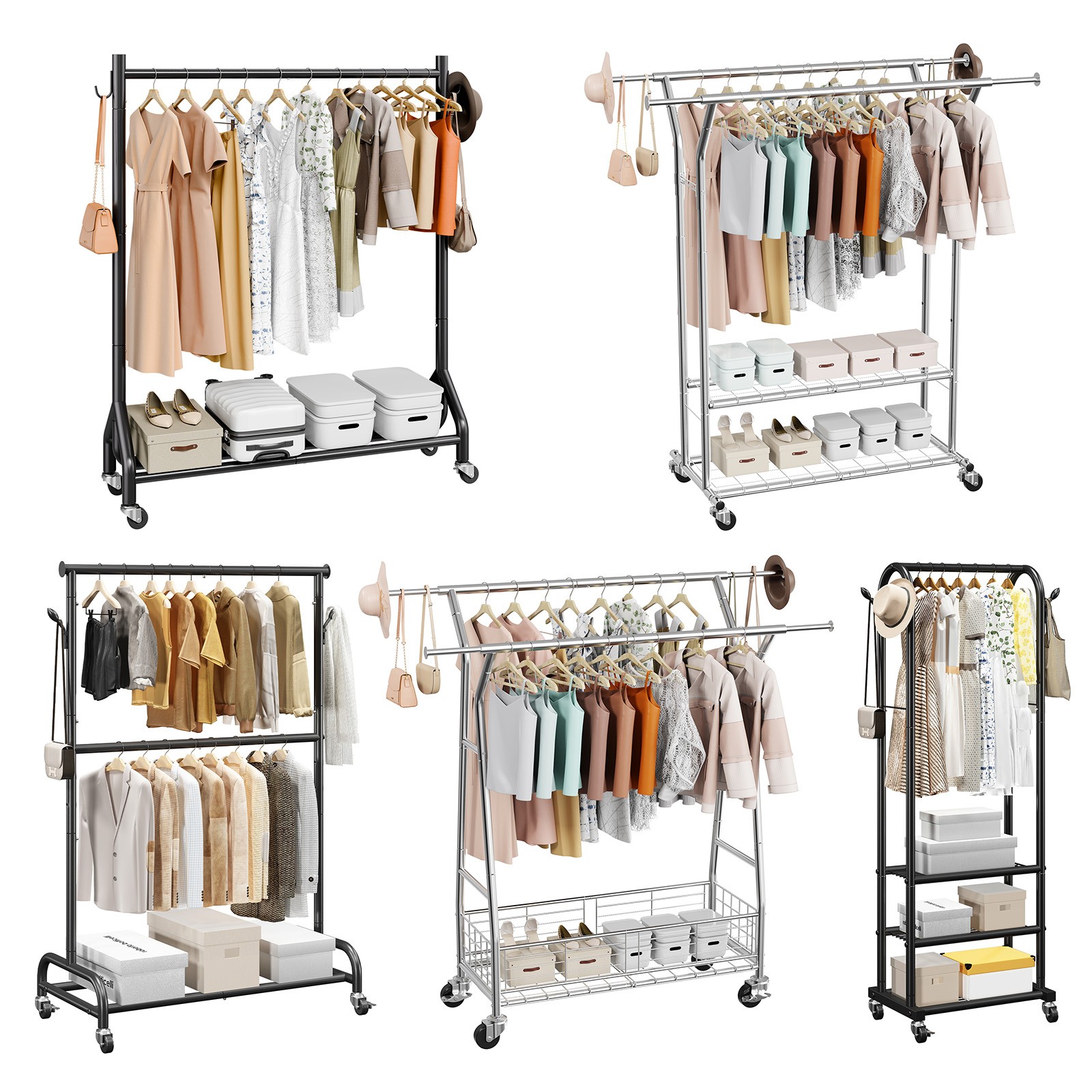 Uimoso Mobile Garment Rack with Hanging Rods, Side Hooks Clothes Storage Shelves