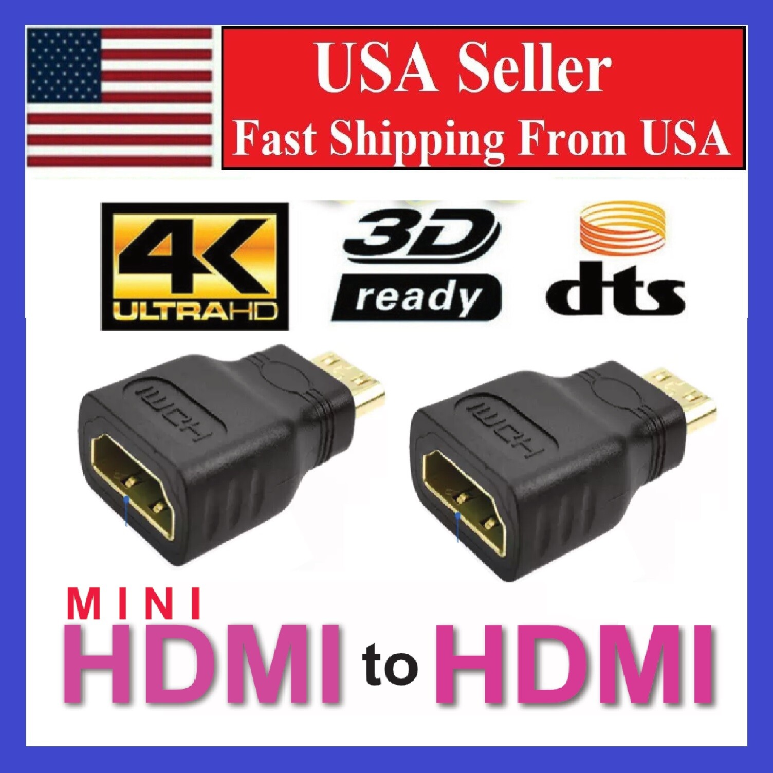 2 x Mini HDMI Male to Standard HDMI Female Adapter Gold Plated HDTV 4K 1080p 3D