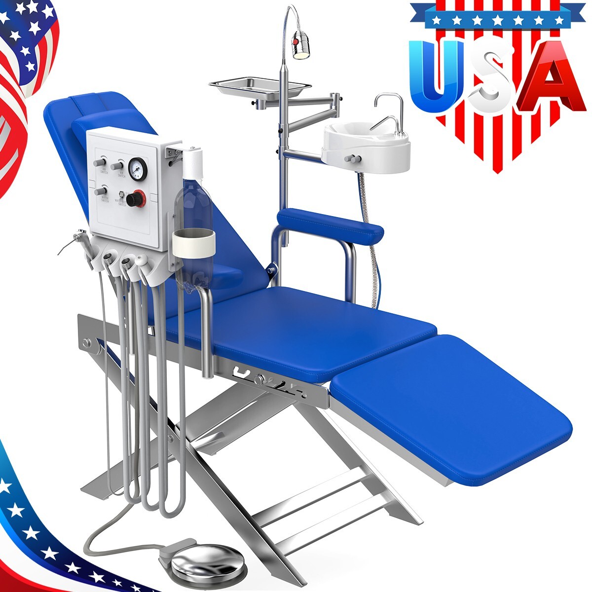 Silla plegable móvil dental portátil+unidad de turbina+lámpara LED+bandeja