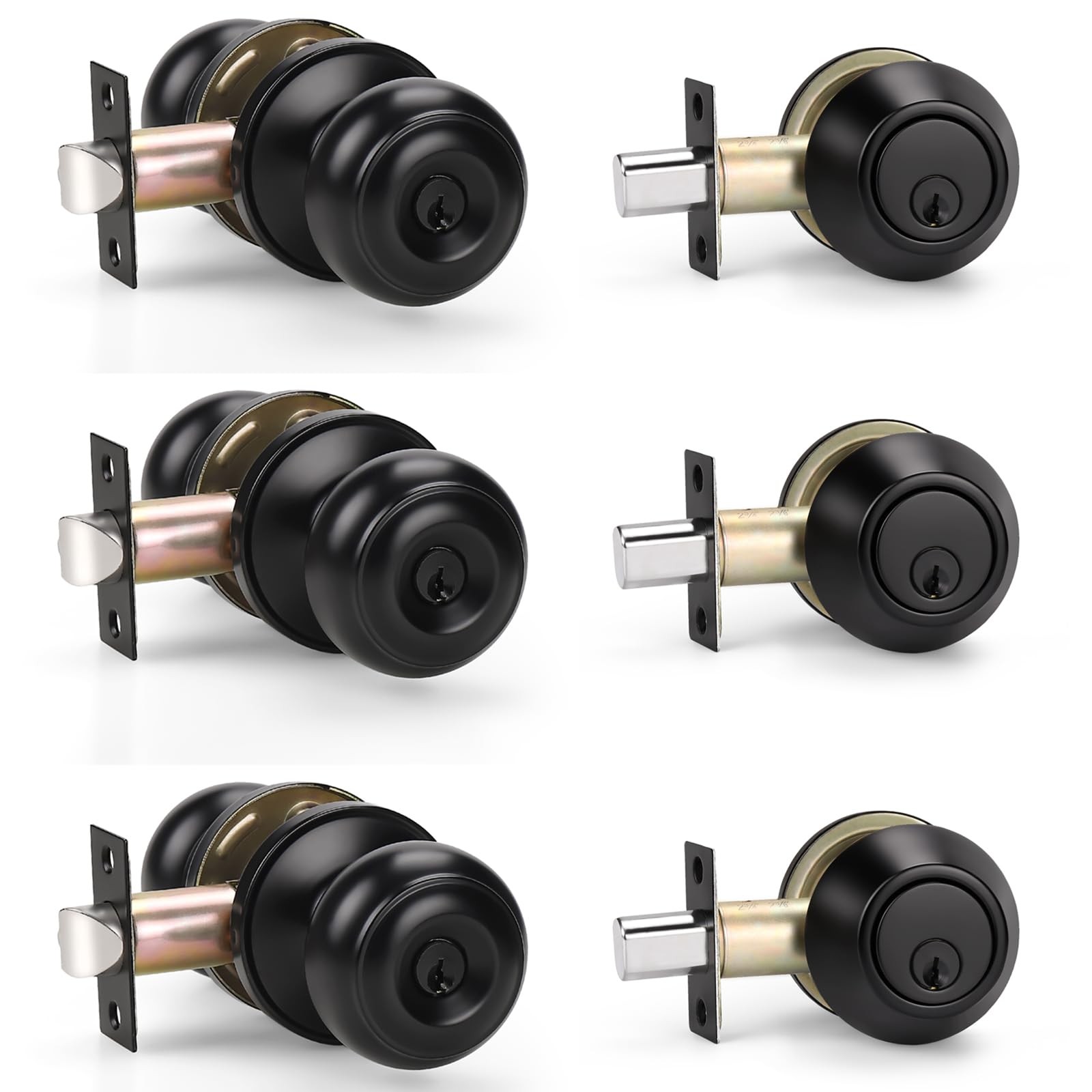 Entry Door Knob Deadbolt Combo Single Cylinder Keyed Alike Matte Black 3 Pack