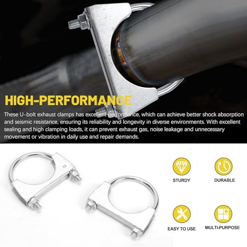 2Pcs (63mm) Exhaust U Clamps, U Bolt Muffler Clips, Silver Steel, 2-1/2"