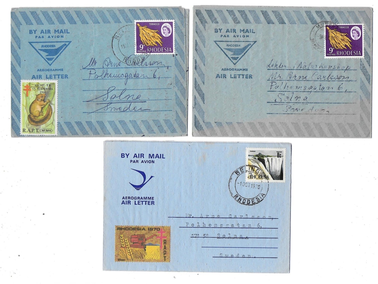 Africa Rhodesia Belingwe 3 Air Letters Aerogramme 1967 - 1970 to Sweden stamps
