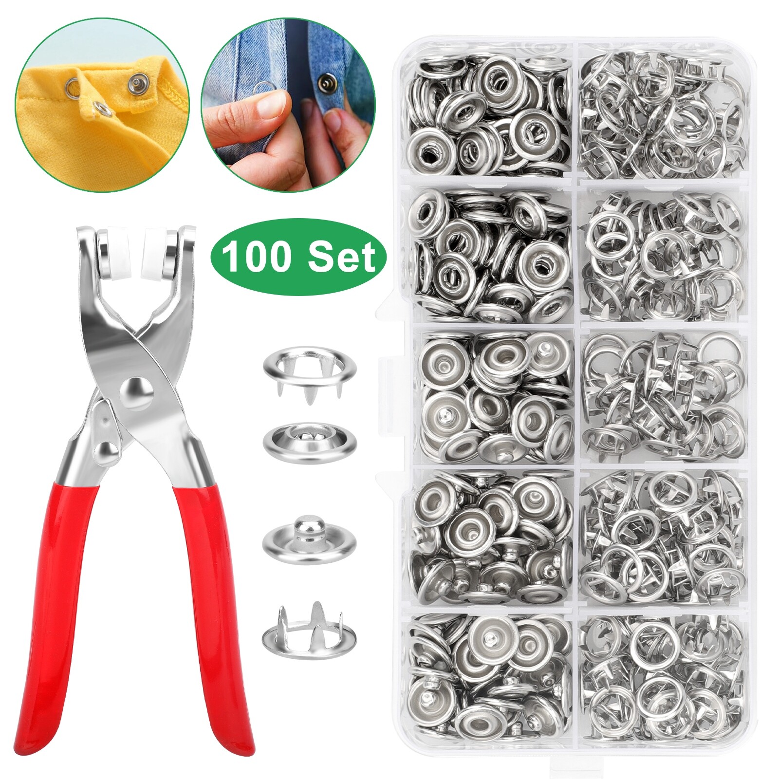 100 Set Snap Fasteners Kit Prong Pliers Ring Press Studs DIY Sewing Tools 9.5mm