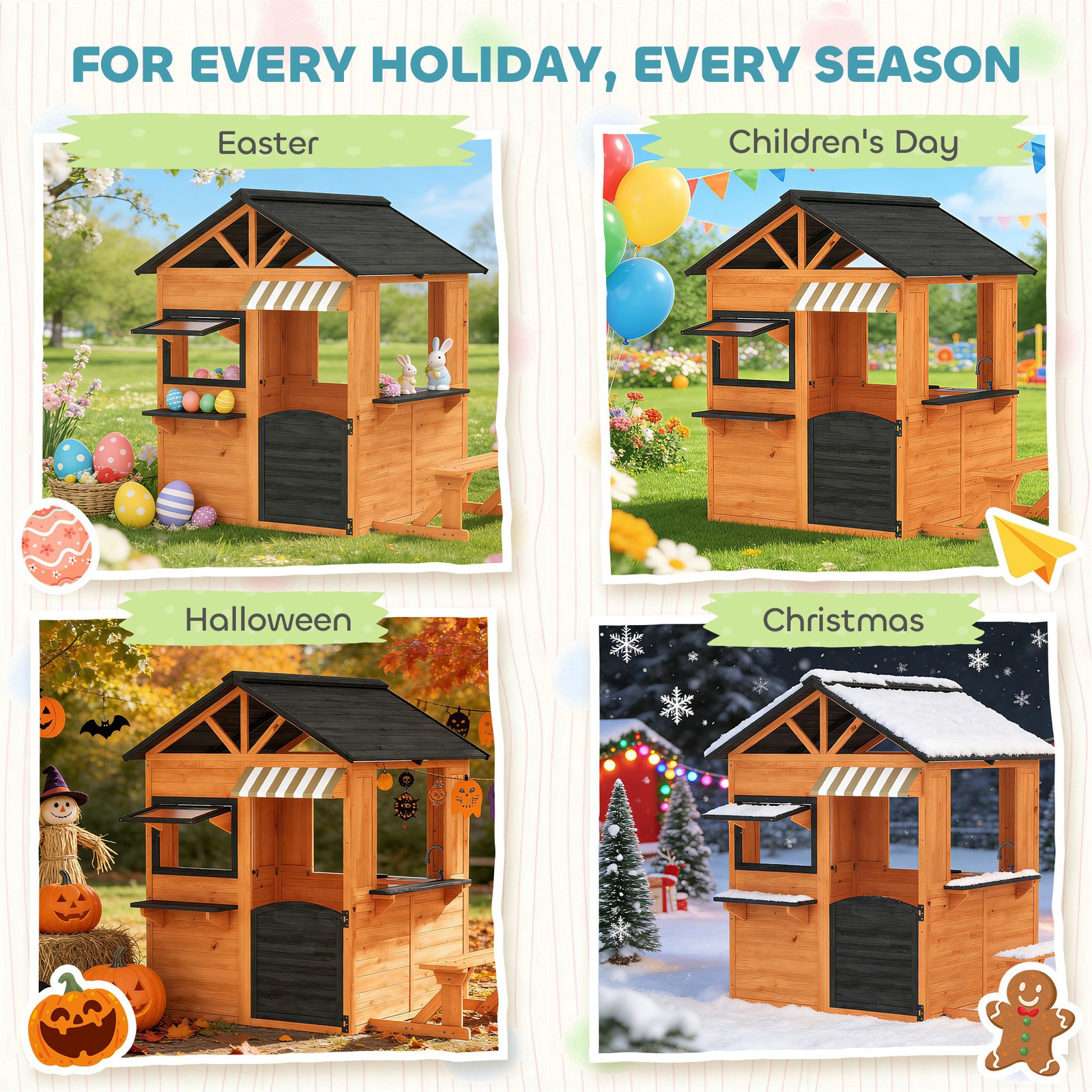 Qaba Outdoor Playhouse, Wooden Kids Playhouse with Play Kitchen and Bench
