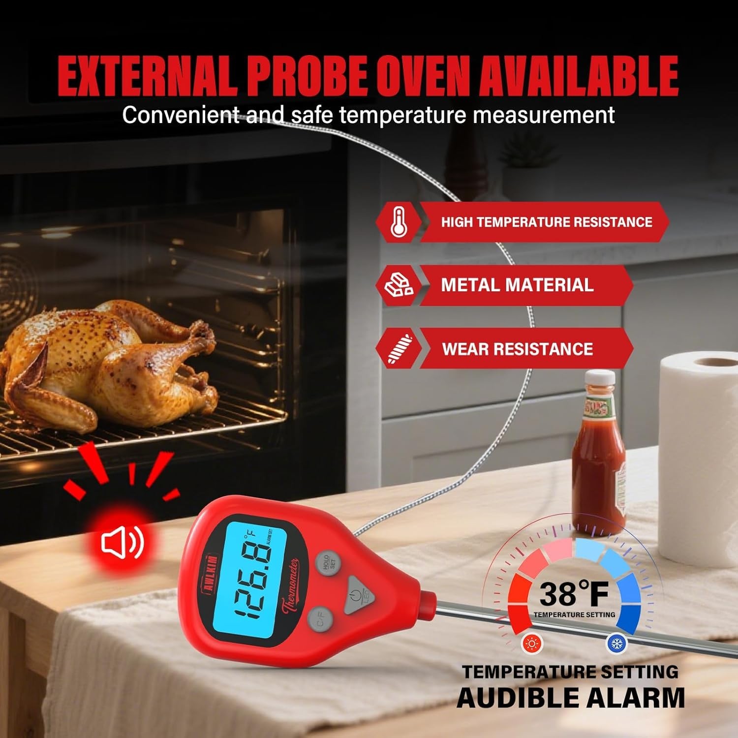 Rechargeable Digital Meat Thermometer with 3.3ft External Probe- Waterproof