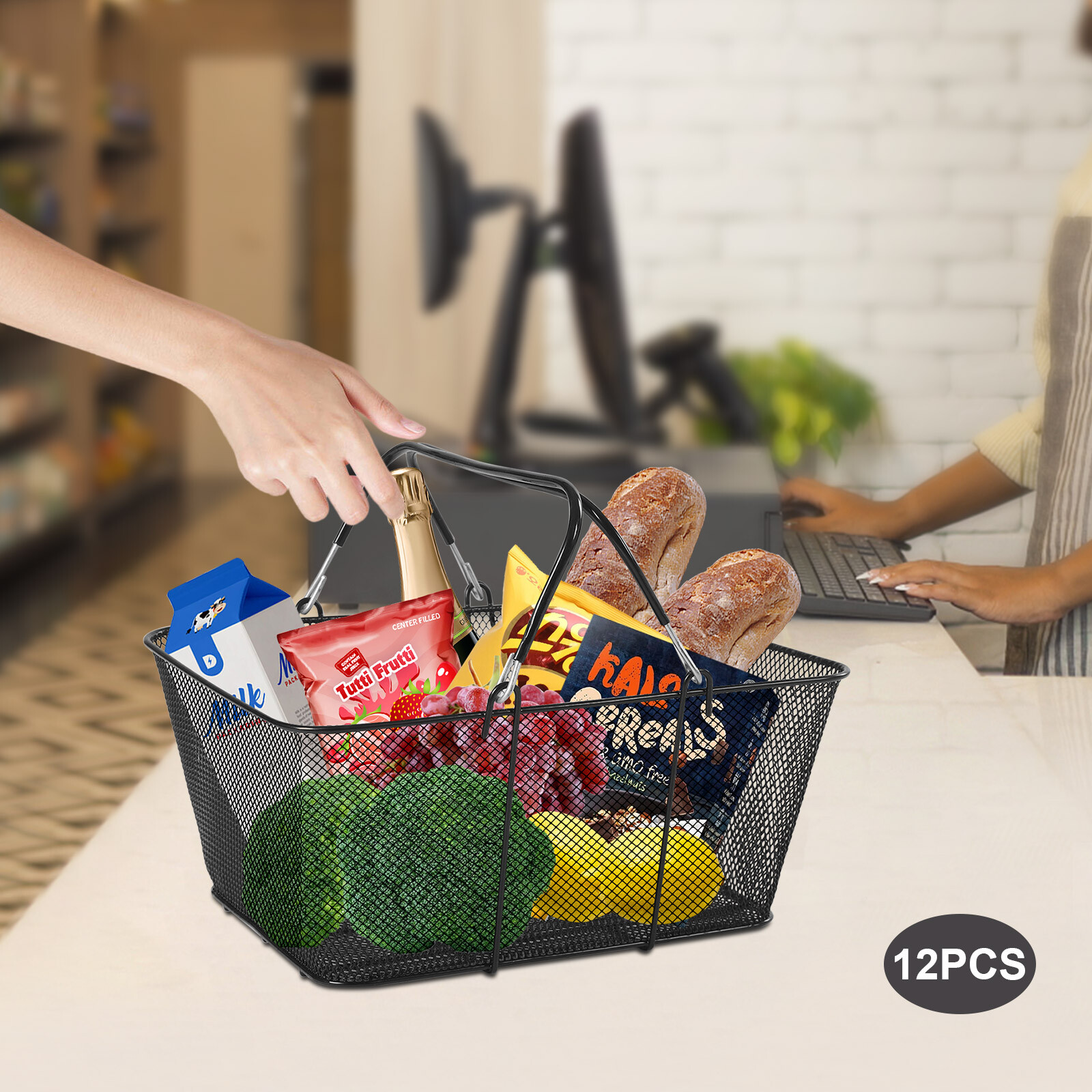 12 Pcs Shopping Baskets With Handles Black Metal Shopping Basket Stackable Iron