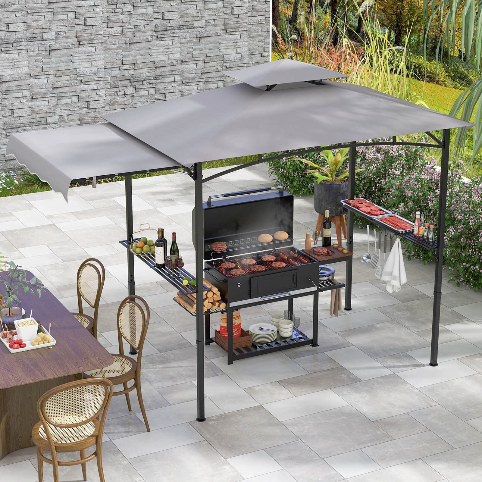 11 x 5 FT Grill BBQ Gazebo w/ Side Awning Double-Tiered Top 2 Side Shelves