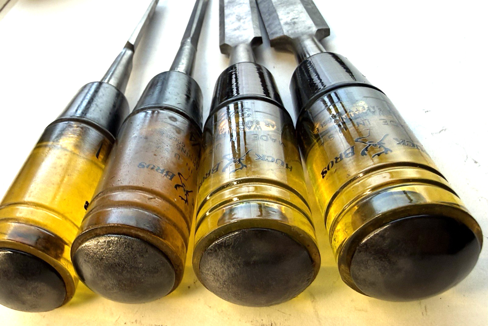 4 Vintage Woodwrking Chisels Buck Bros 1”, 3/4”, 1/2”, 1/4” Made in USA