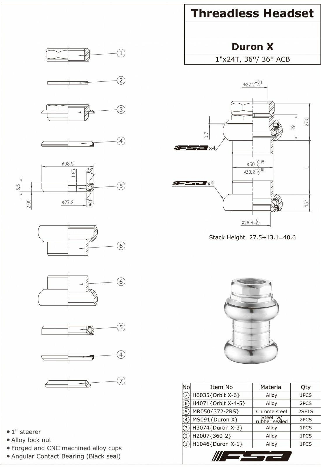 FSA Duron X 1" Inch Threaded Headset 22.4/26.4mm Sealed Bearings , Silver