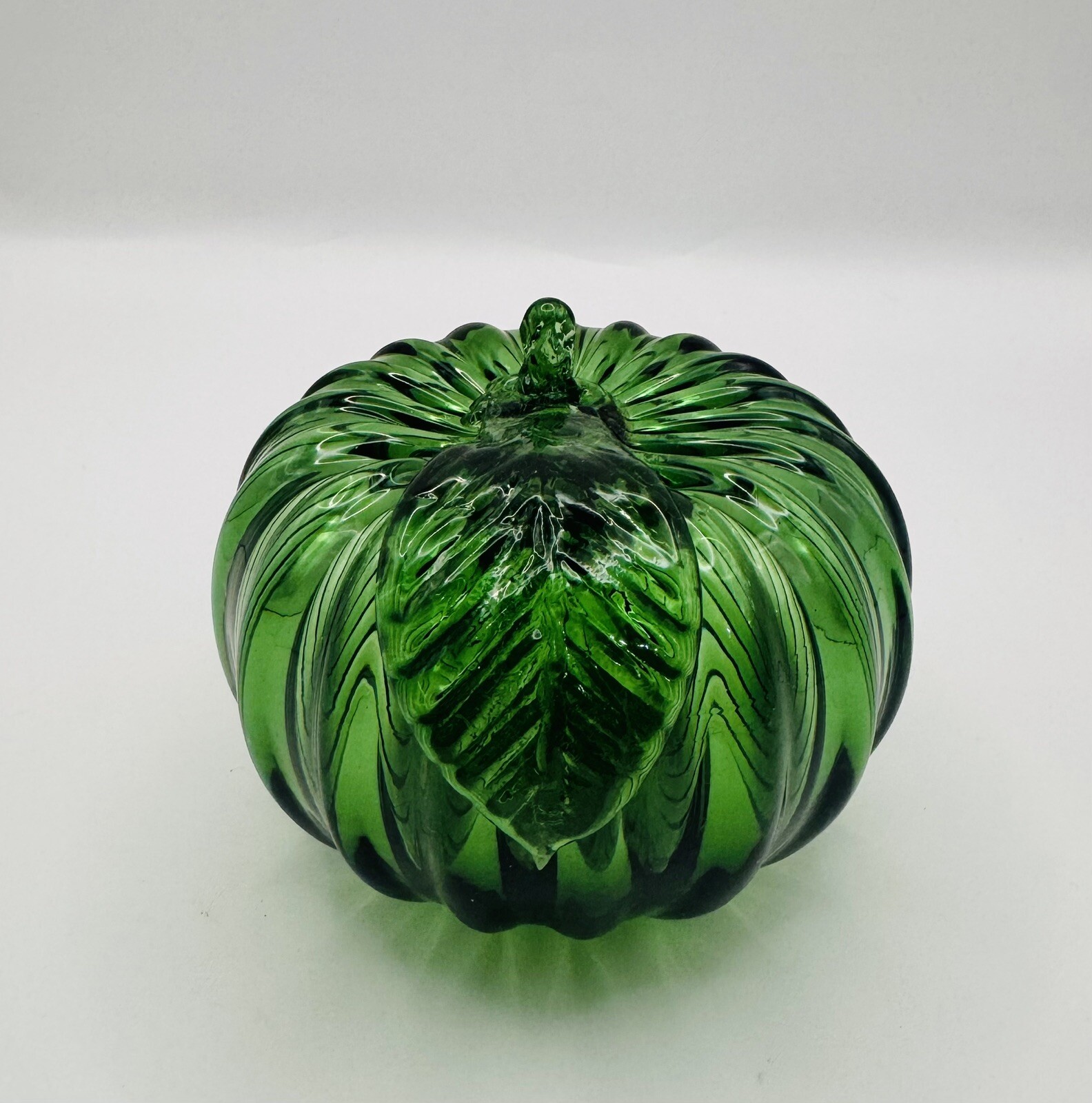Vintage Hand-Blown Glass Green Apple/Pumpkin Paperweight Home Decor