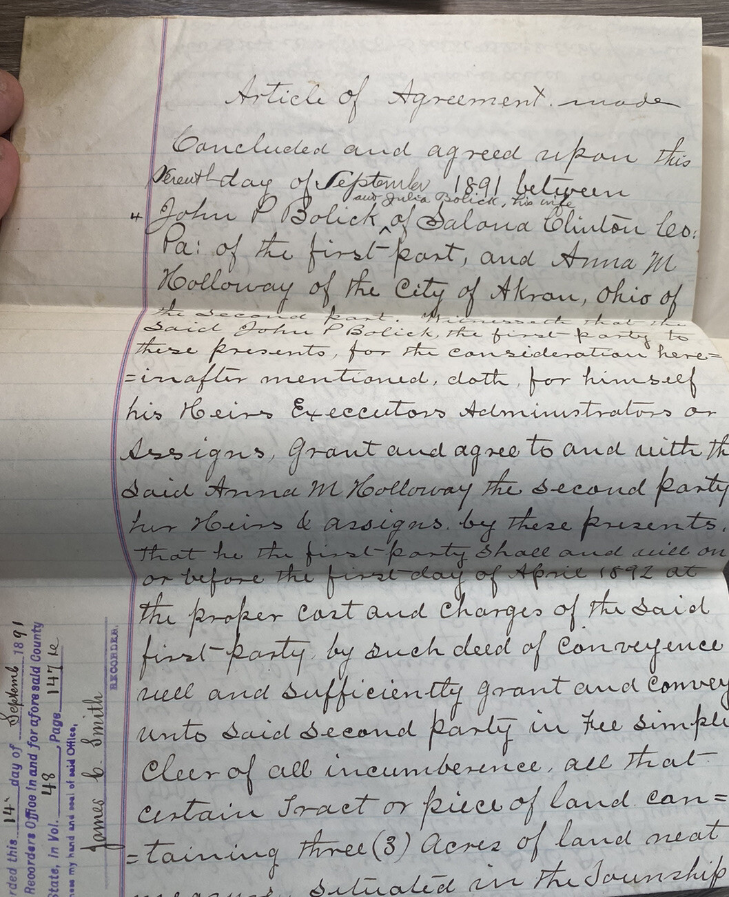 19th Century 1891 Articles of Agreement Clinton Cty PA Summit Cty Ohio, Woman