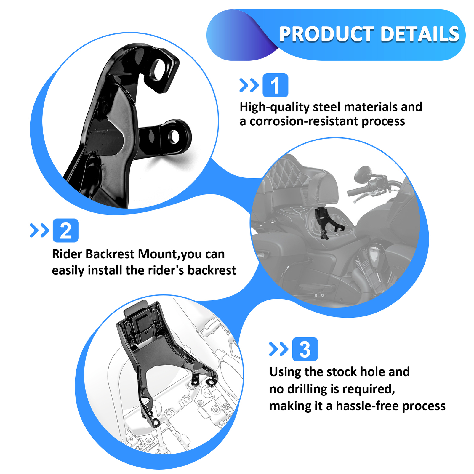 For 2020-2024 Indian Challenger Pursuit Driver Rider Backrest + Mounting Bracket