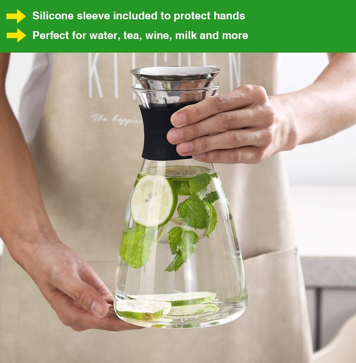 2Pcs 37oz/1100ml Glass Carafe with Stainless Steel Silicone Filter Lid for Tea