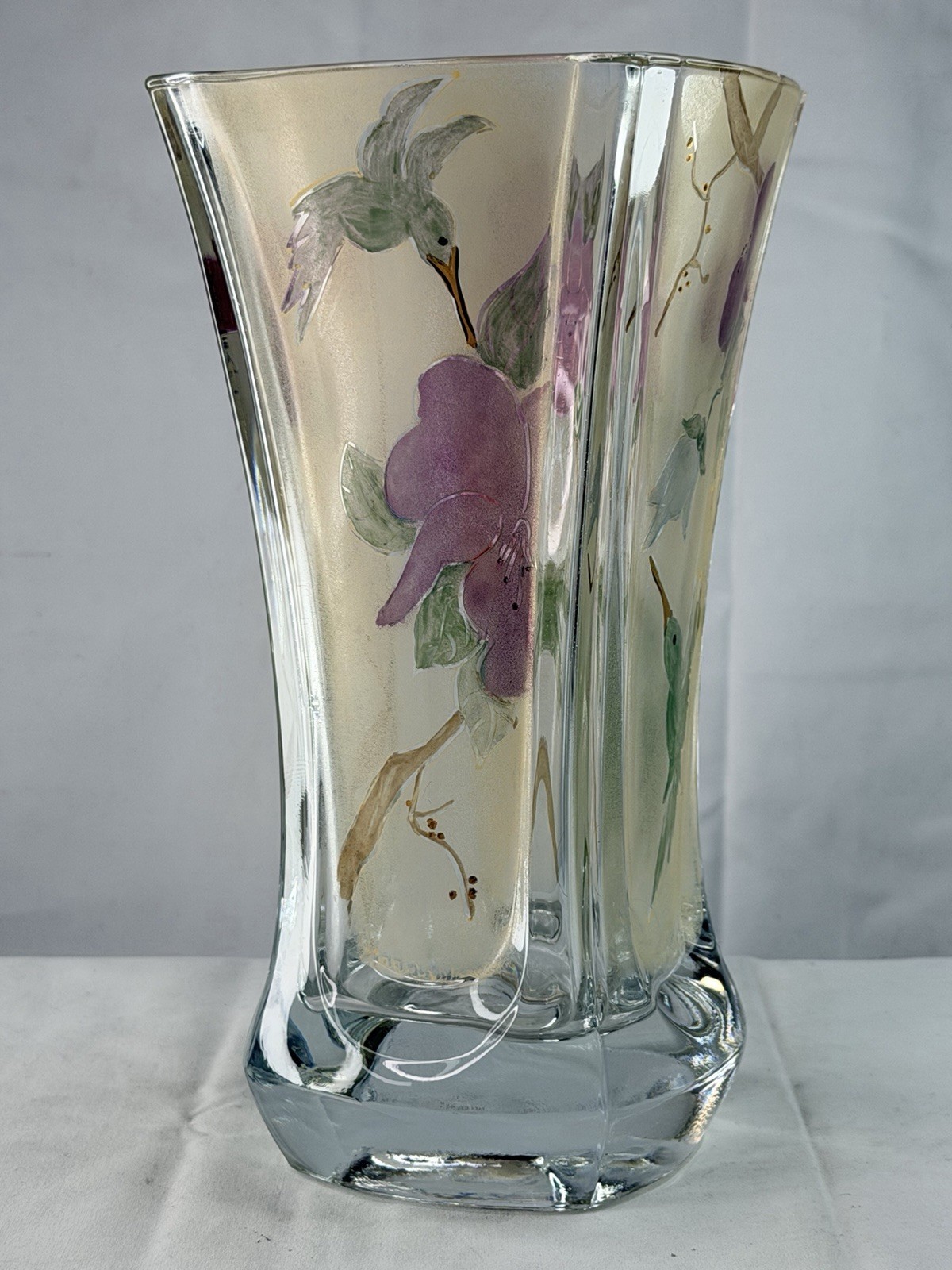 Miki Takachiho Signed Art Glass Vase Hummingbird Purple Floral Hand Painted 10"