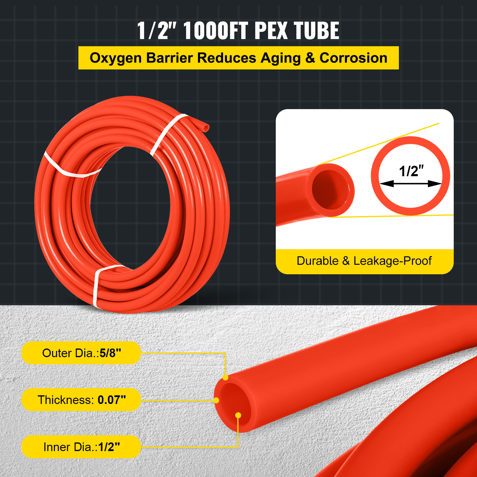 VEVOR 1/2in x 1000ft Red Pex Tubing Oxygen Barrier O2 EVOH Pex-B Tube w/ Cutter