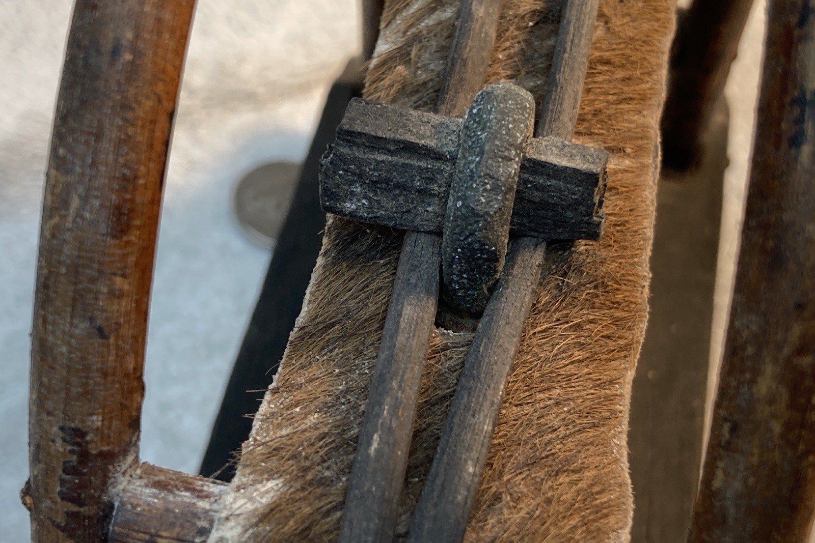 Vtg Karen Hill Tribe Double Elephant Bell w/ Bent Wood Stand & Hide - Thailand