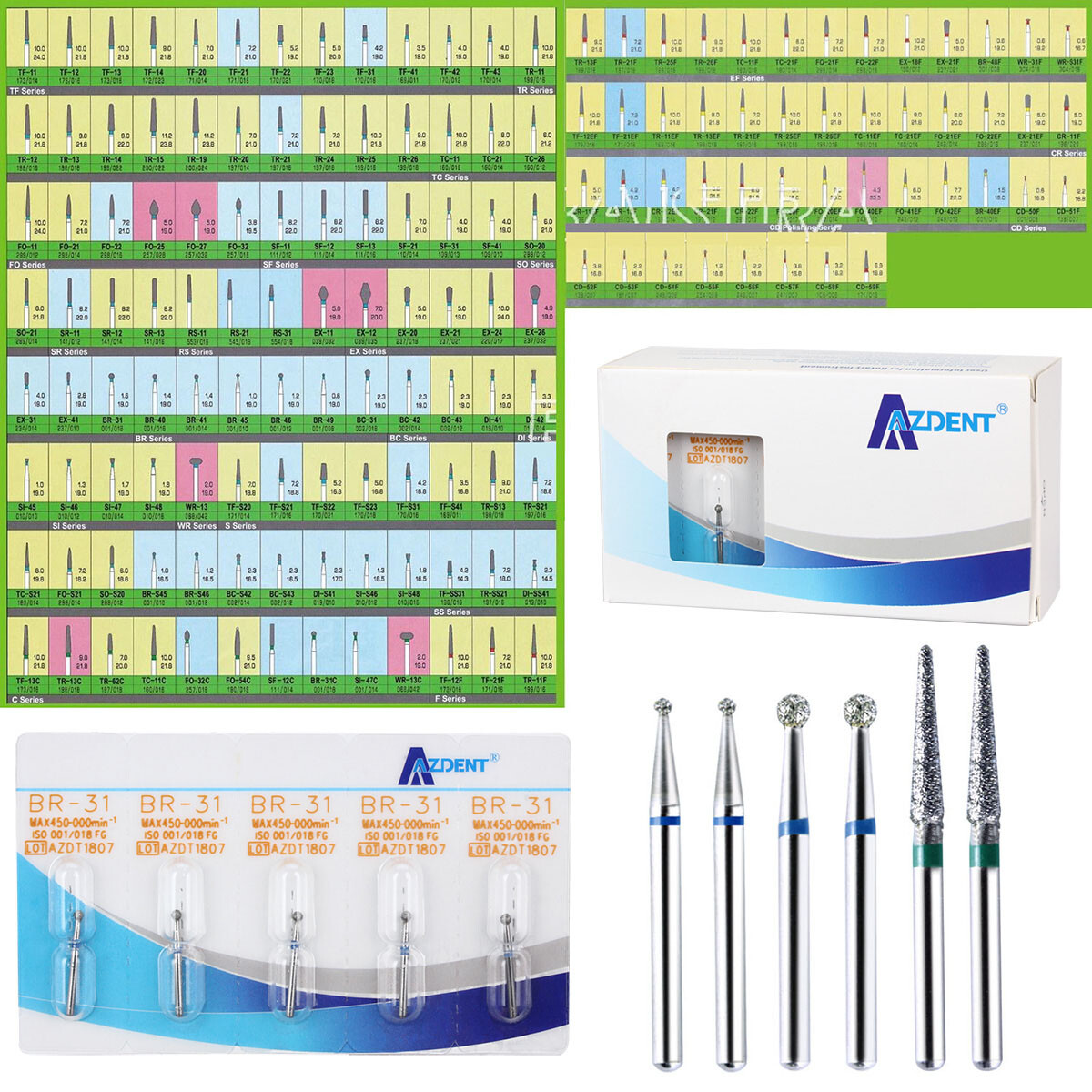 100 Types AZDENT Dental FG Diamond Burs For High Speed Handpiece Friction Grip