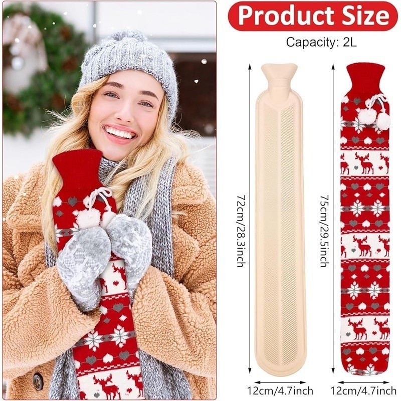 4 Pack Hot Water Bottle w/ Soft Cover, 2 Liter, Long, Natural Rubber, Christmas