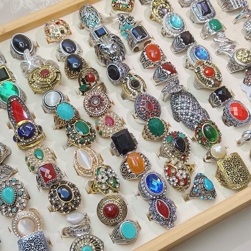 50pcs Lot Wholesale Vintage Crystal Stone Mix Style Metal Jewelry Ring Men Women