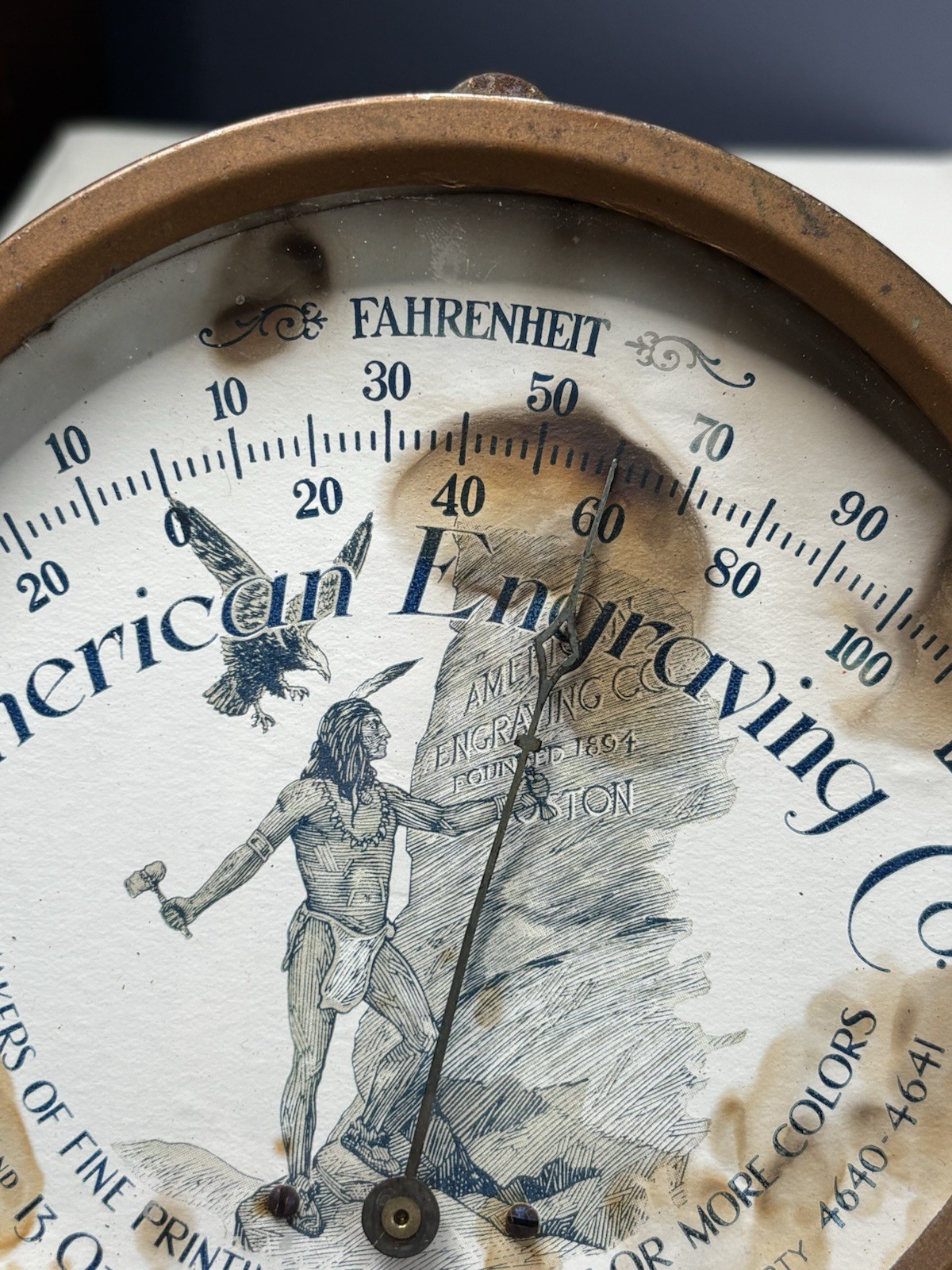Antique Original RARE American Engraving Thermometer Trade Sign Indian Eagle MA
