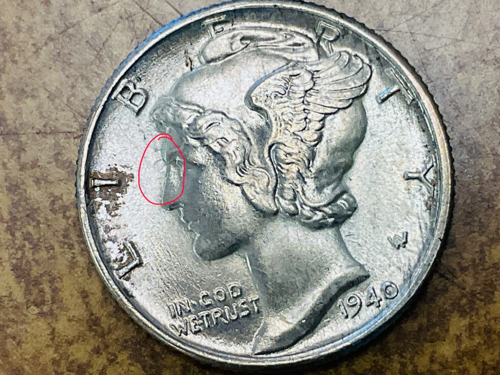 1940-p Mercury Dime - Clash Dies -error, Gem BU++ .