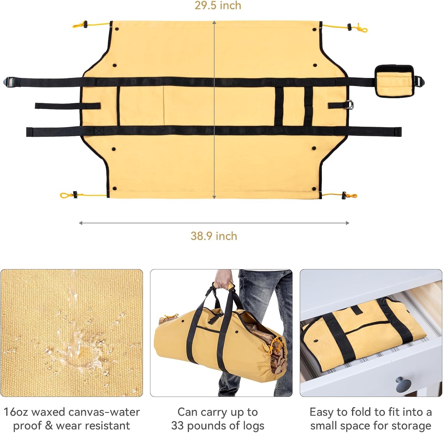 Firewood Carrier Waxed Canvas Log Carrier Sturdy Firewood Bags Heavy Duty Firewo
