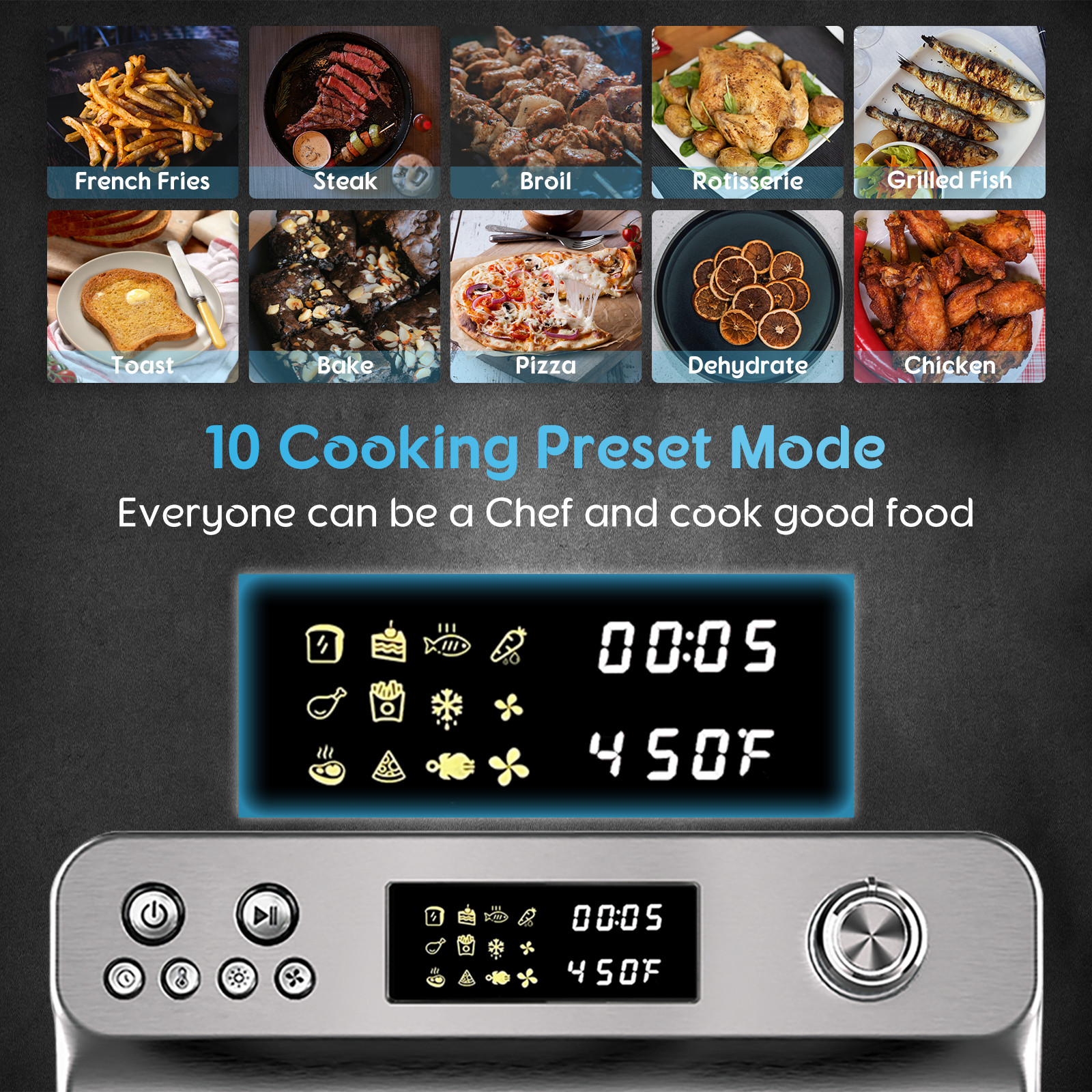 HYSapientia 26QT Stainless Steel Air Fryer Oven With Rotisserie 1800W Mini Oven