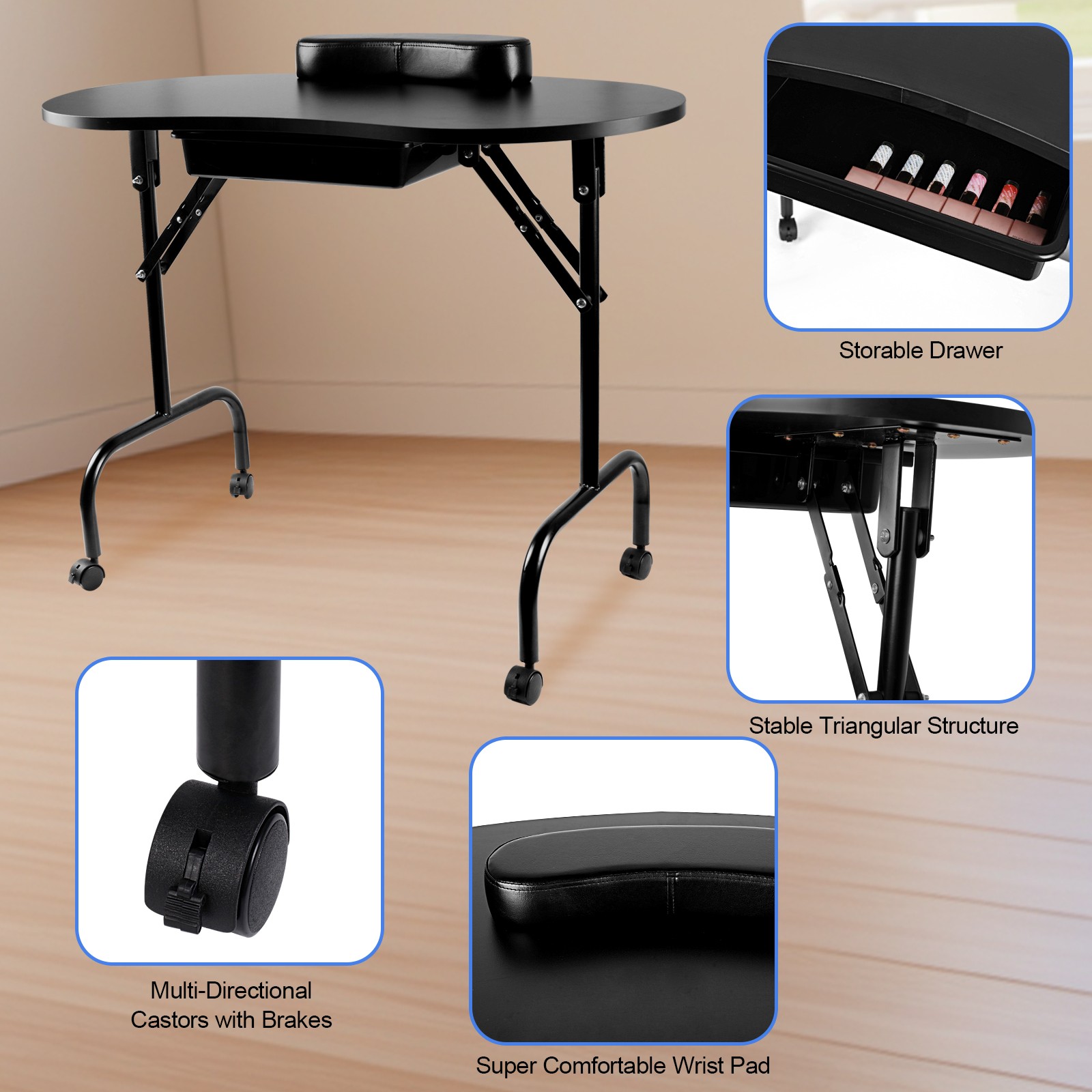 Black Portable Manicure Table Folding Nail Desk Beauty Salon Spa w/Wheels & Bag