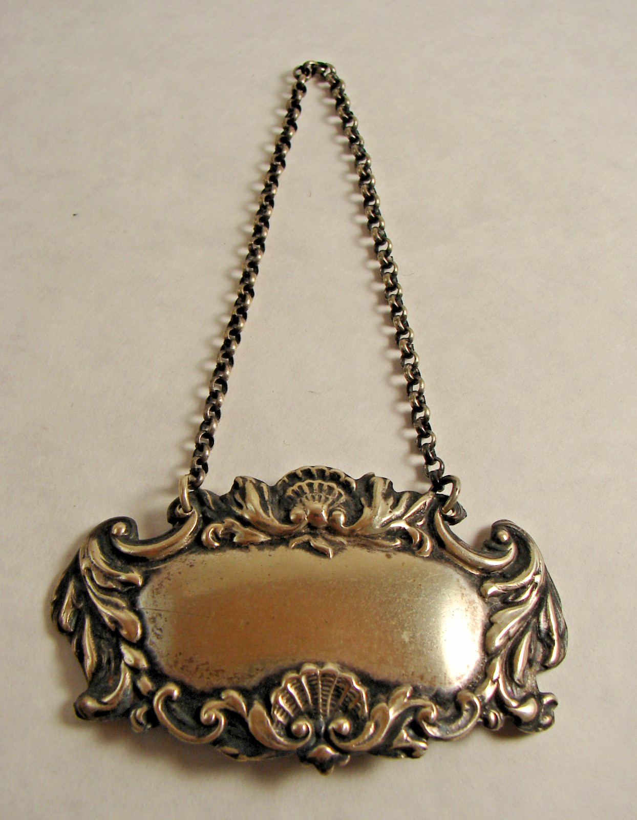 Vintage Silverplate Decanter Label Bottle Hanging Tag Ornate Shell Scroll Design