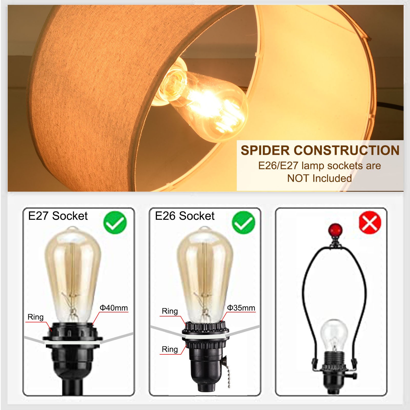 3pcs 10" E26 E27 Lamp Shade Ring Frame Lampshade Holder Wire Frame Drum Ring