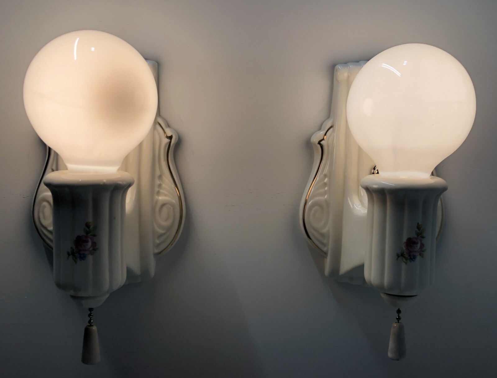 Porcelain Wall Sconce Pair Vtg Ceramic Light Fixture Flower Gold Art USA #i29